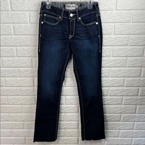 ARIAT REAL DENIM JEANS MID RISE STRAIGHT LEG WHITE STITCH RAW HEM SIZE 29/32